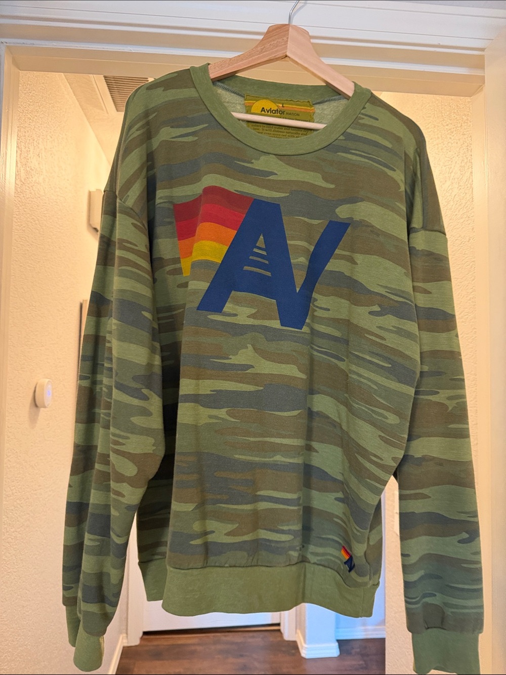 Aviator Nation Green Camo Crewneck Sweater with Blue Logo